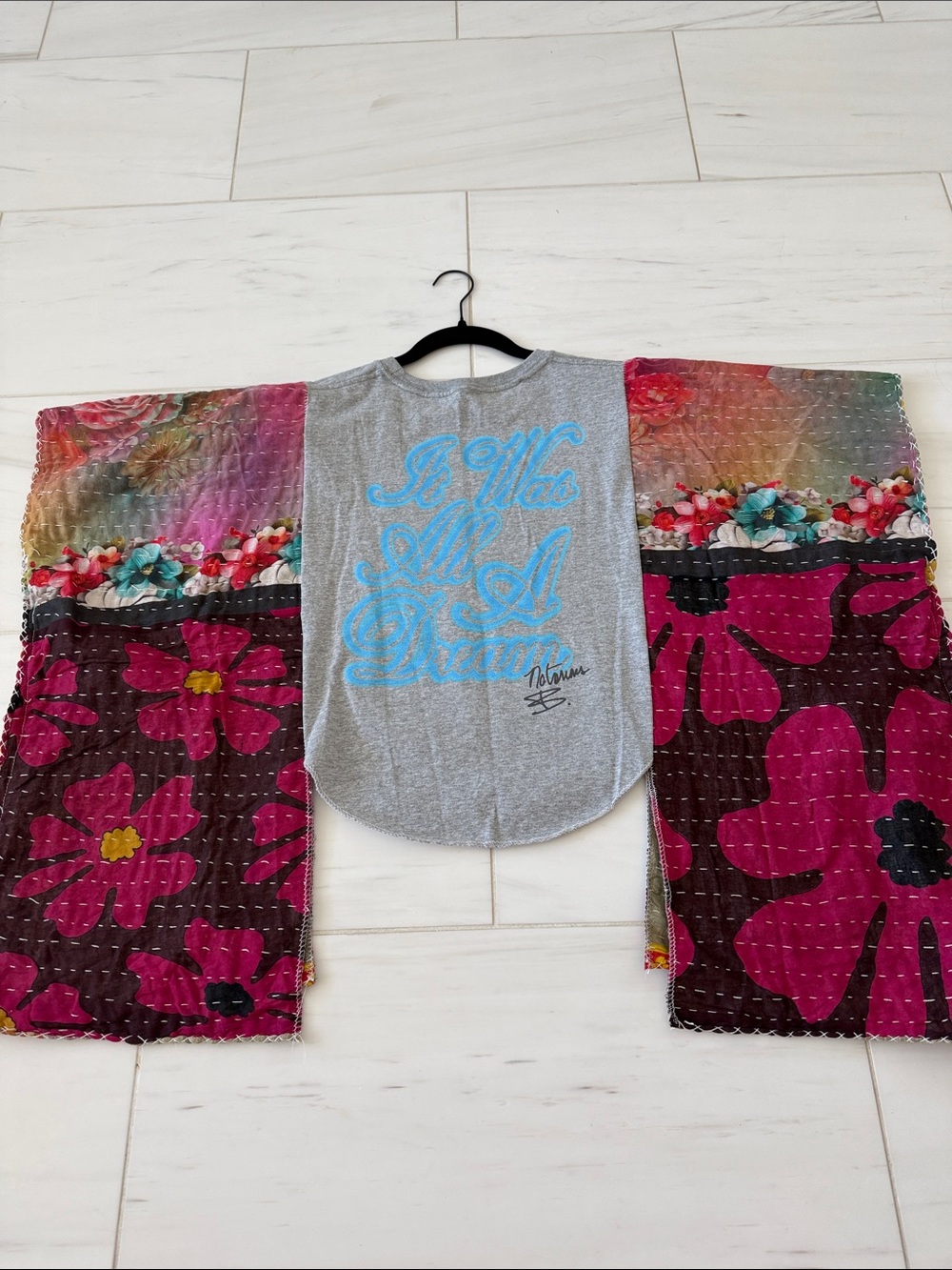 Graphic Short Sleeve Tee with Floral Sleeves - Gray & Multicolor - Picture 3 of 4